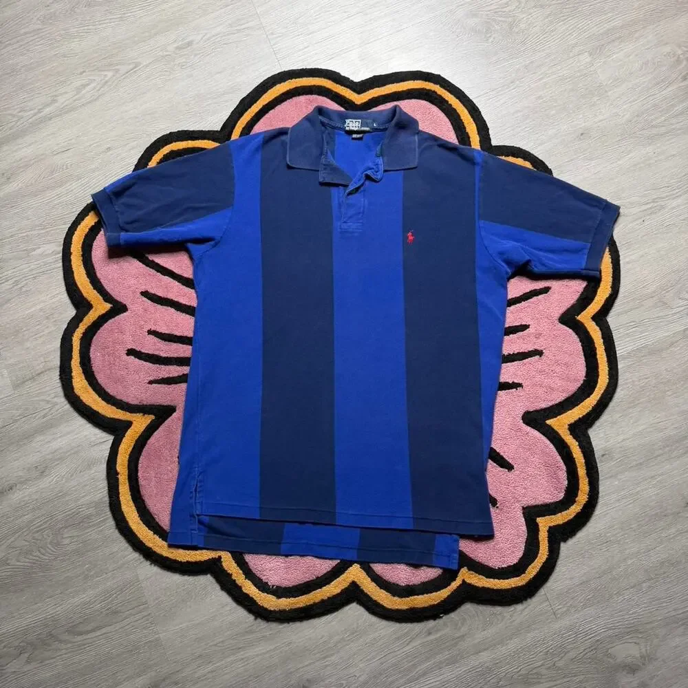 Vintage 90’s Polo Ralph Lauren Striped Embroidered Logo Polo Shirt Size XL Blue